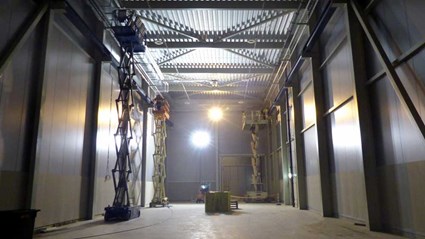 The Loading Hall in the Klystron Gallery, containing an overhead crane for lifting heavy equipment.