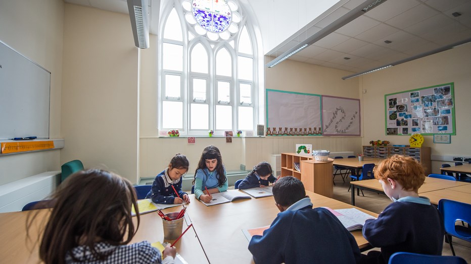 Reinstated stained glass windows bring light and colour to the refurbished classrooms of St Werburghs Primary Reinstated stained glass windows bring light and colour to the refurbished classrooms of St Werburghs Primary